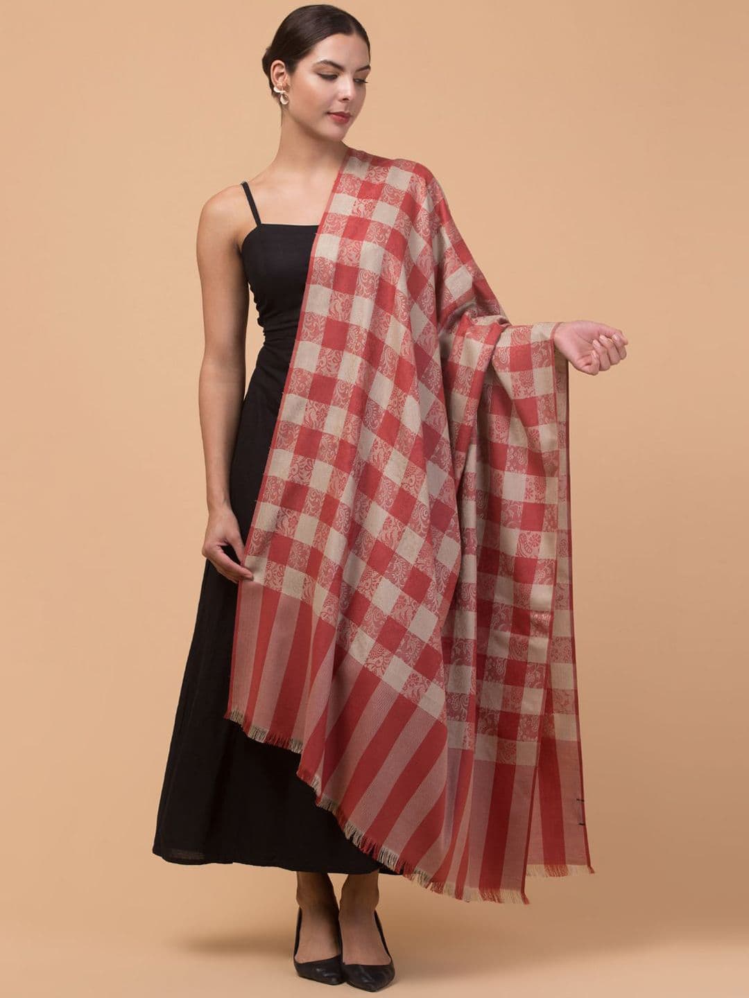 Tweedle Checked Woven Design Acrylic Reversible Shawl - view 1