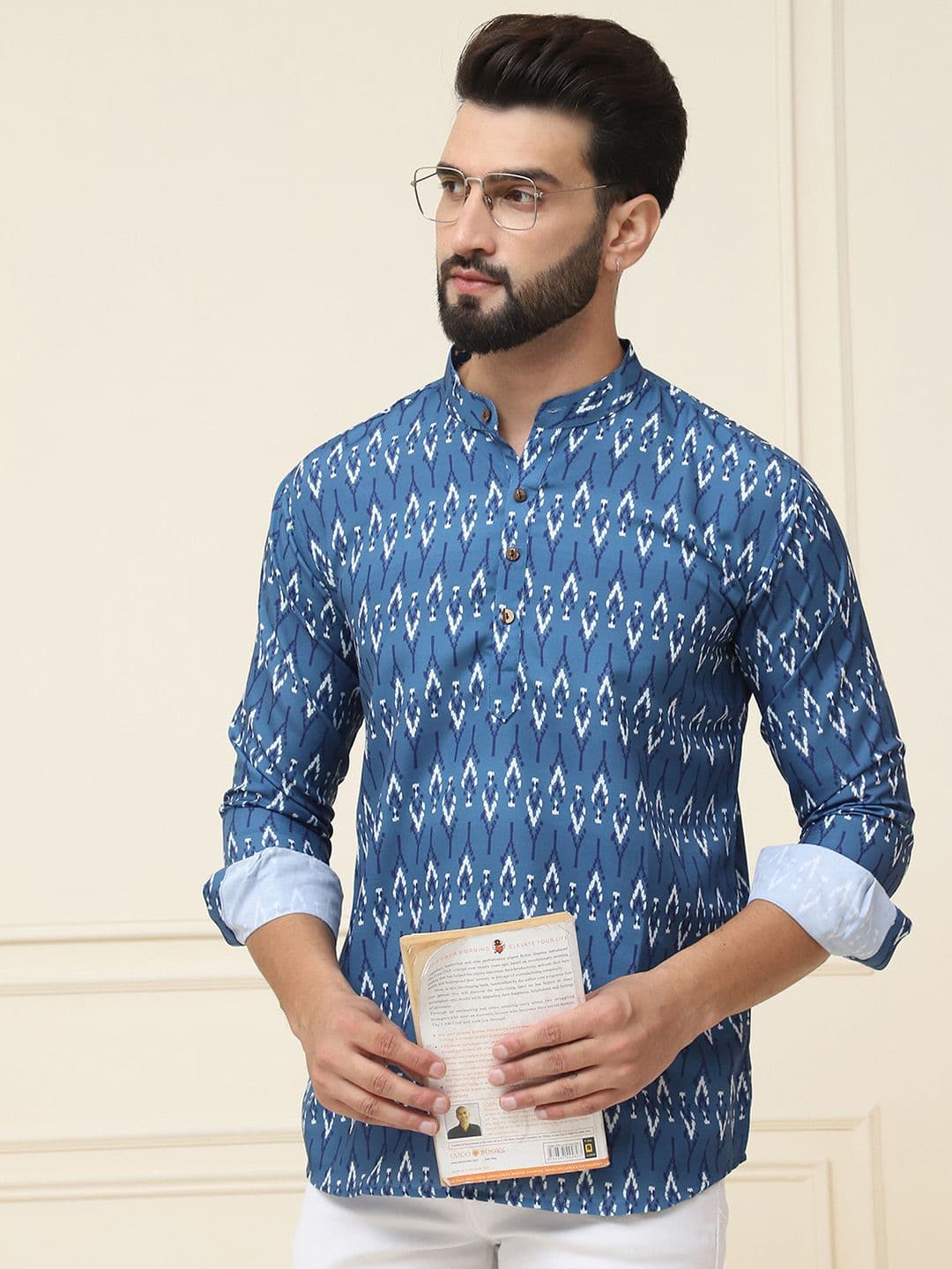 SOJANYA Ethnic Motifs Printed Band Collar Neck Roll-Up Sleeves Pure Cotton Kurta - view 1