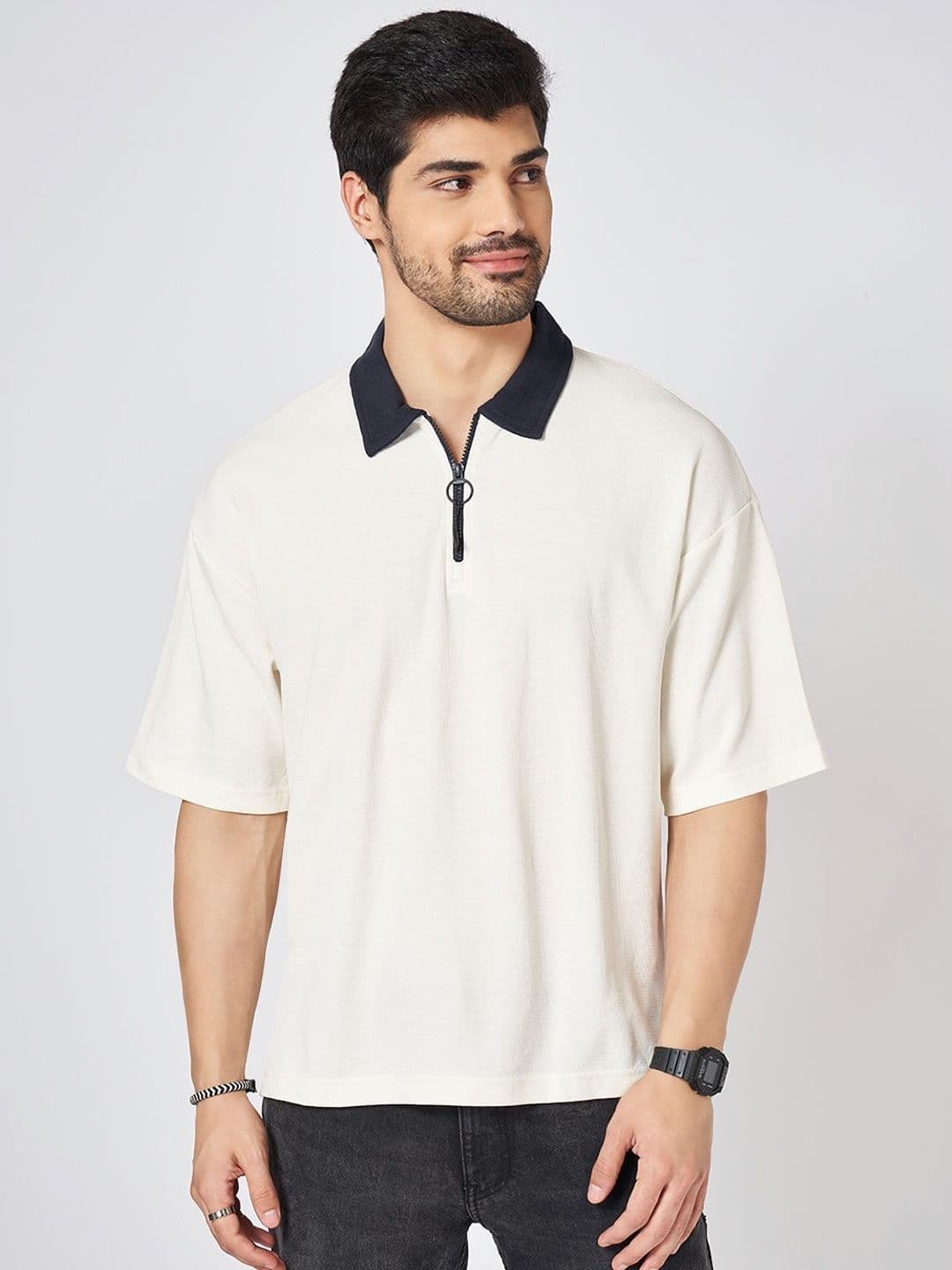 People Men Solid Polo Collar Cotton Boxy T-shirt - view 1