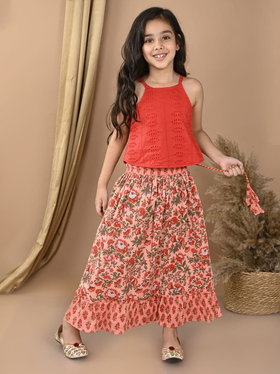 Sangria Peach-Coloured Girls Embroidered Katha Work Cotton Lehenga With Hakoba Blouse - view 1