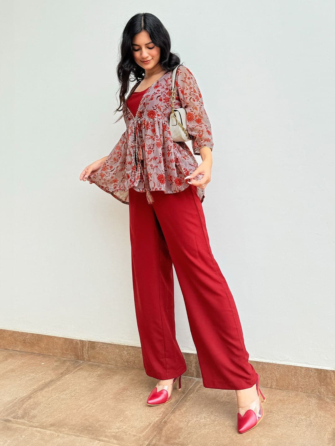 Janasya Women Solid Shoulder Straps Crop Top & Trousers with Floral Print Shrug - view 1