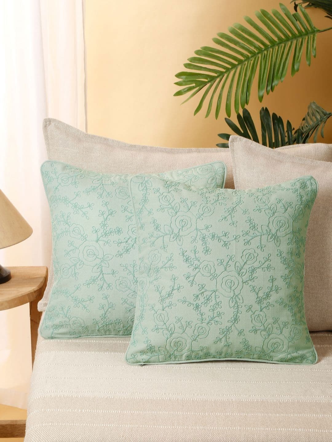 eyda Sea Green 2 Pieces Embroidered Cushion Covers - view 1