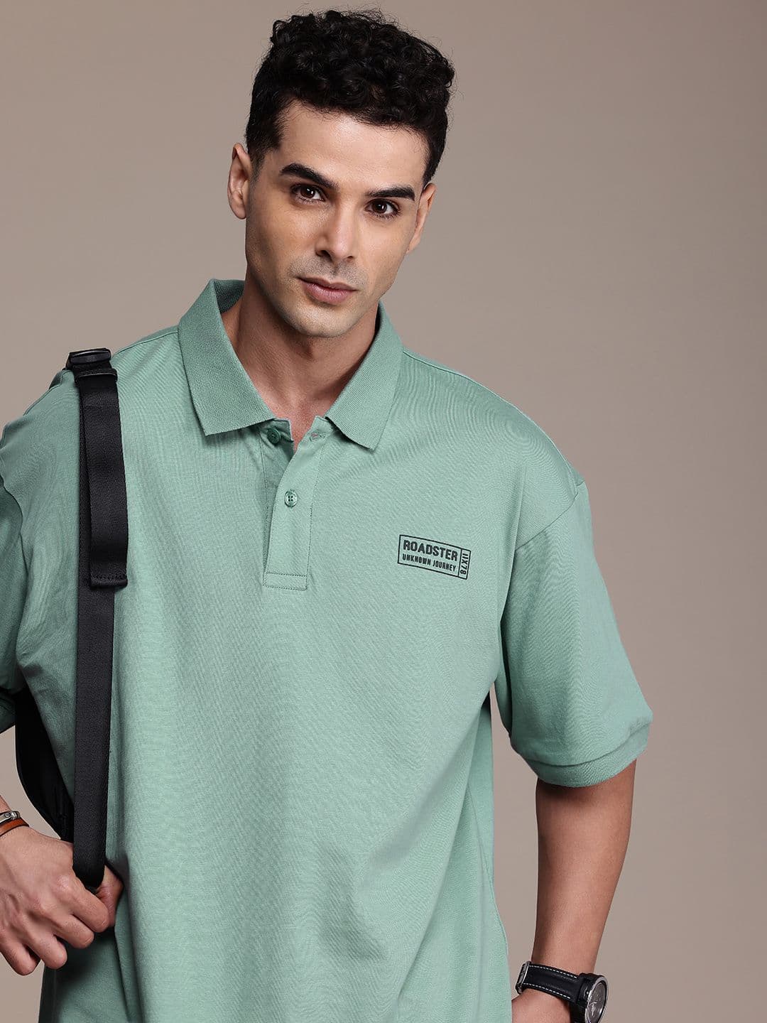 The Roadster Life Co. Polo Collar Relaxed Fit Drop-Shoulder Sleeves Pure Cotton T-shirt - view 1