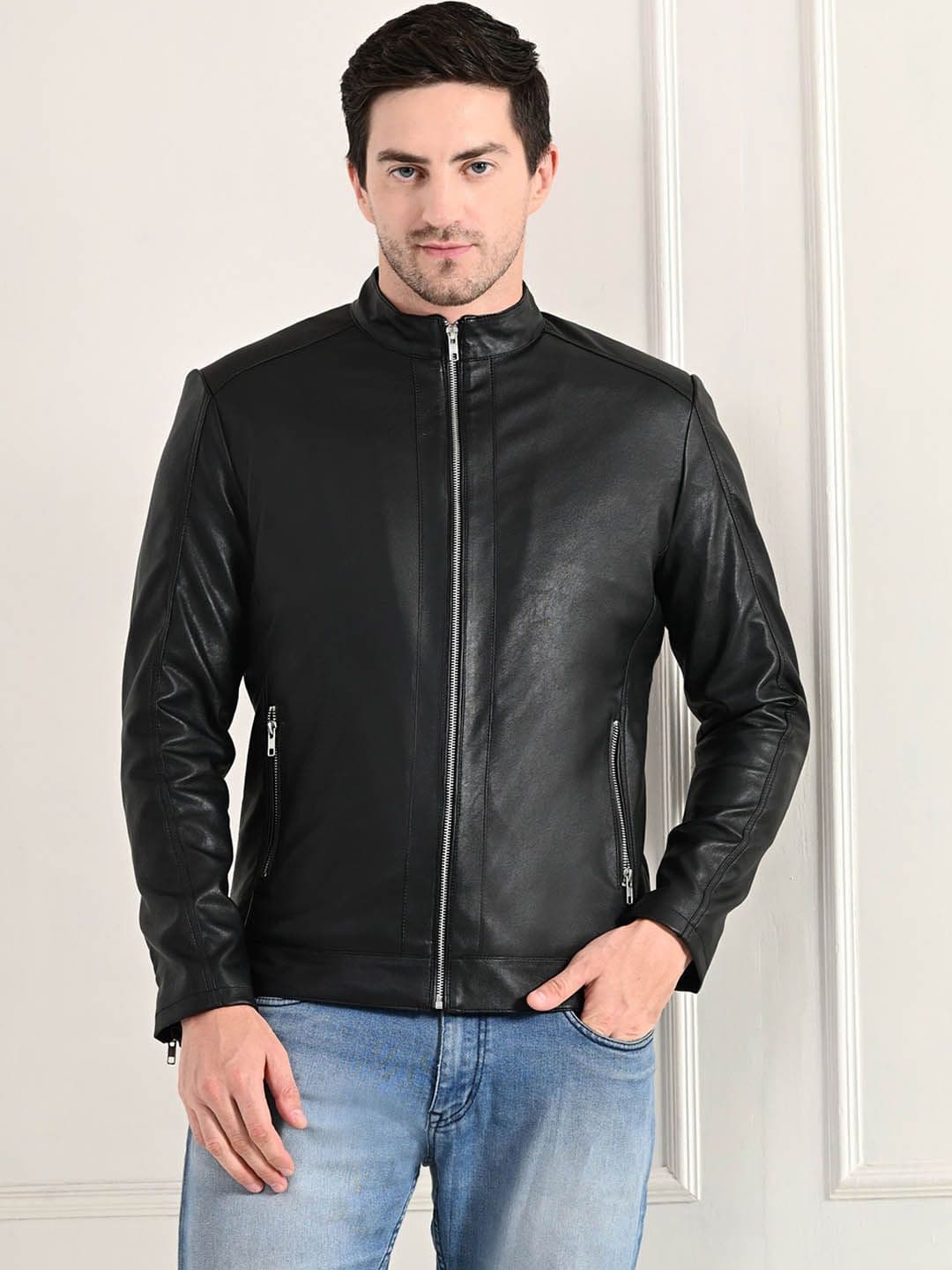 TBOJ Mock Collar Long Sleeves Lightweight Leather Jacket - view 1
