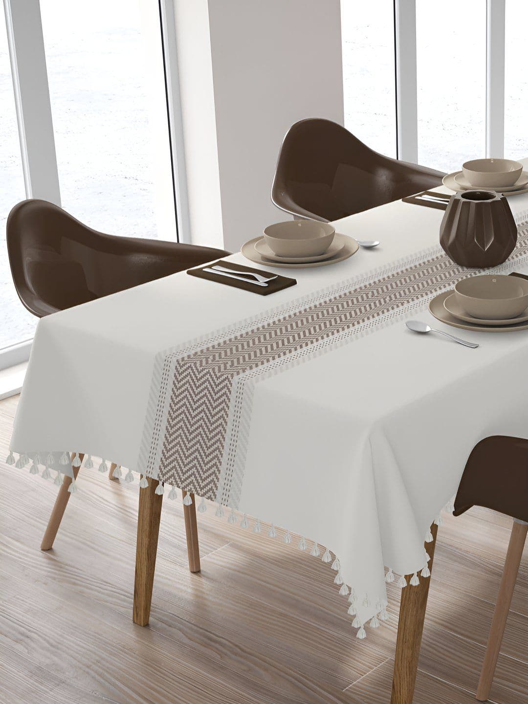 HOME COLORS.IN Cream & Beige Striped Cotton 6 Seater Table Cover - view 1