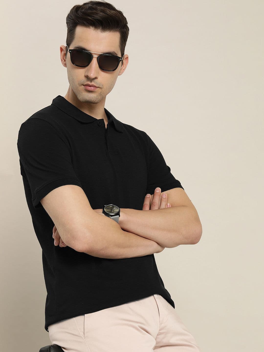encore by INVICTUS Men Black Polo Collar Slim Fit T-shirt - view 1
