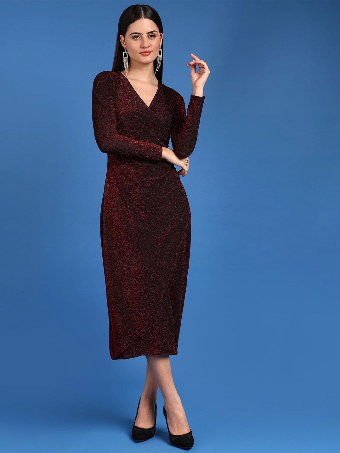 SAFFE Women's Textured Full Sleeve V-Neck Bodycon Body Fitted Midi Dress - view 1