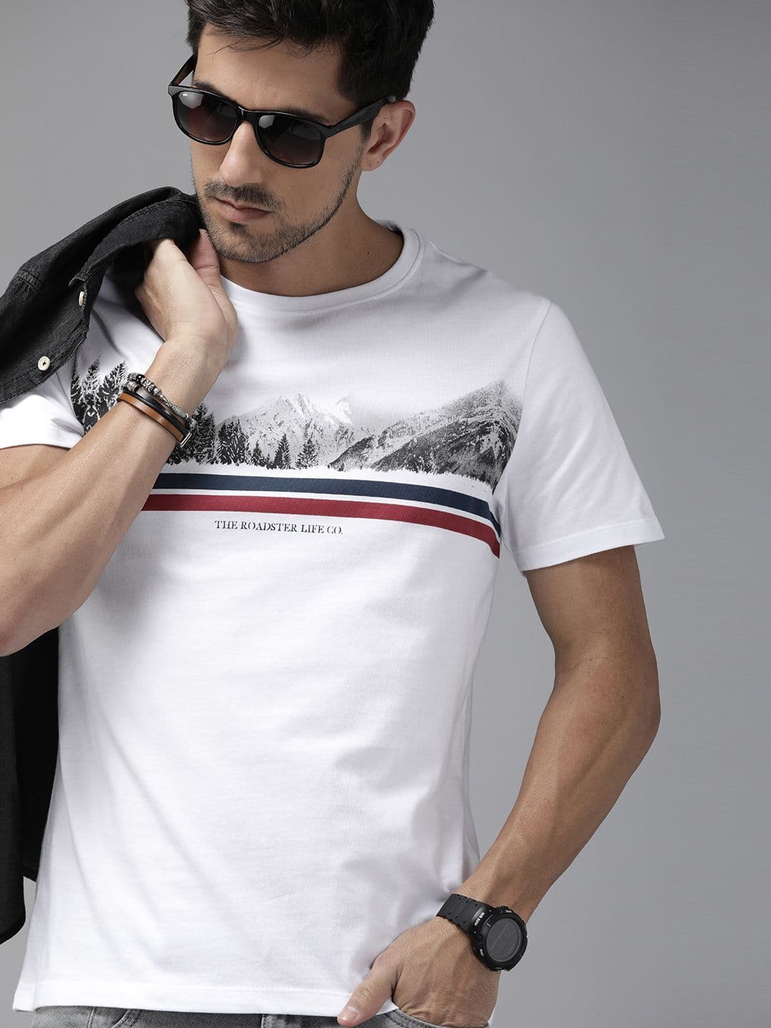 Roadster Men White Grey Cotton Mountain Print Round Neck Cotton T-shirt - view 1