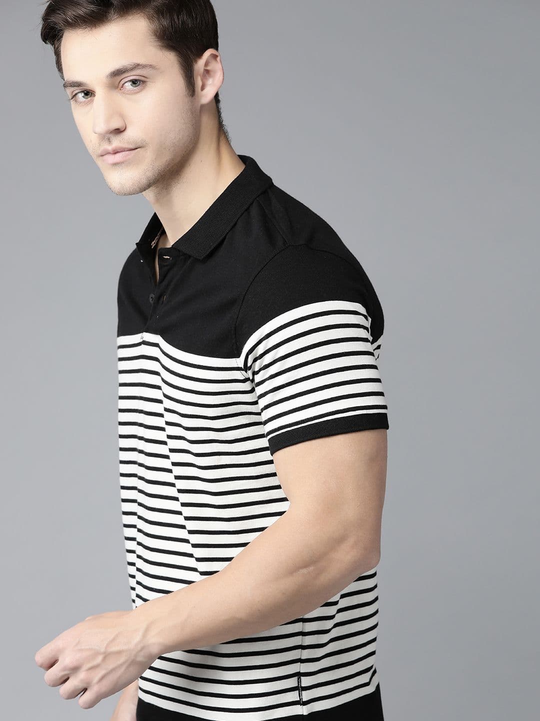 Roadster Men White & Black Pure Cotton Striped Polo Collar T-shirt - view 1
