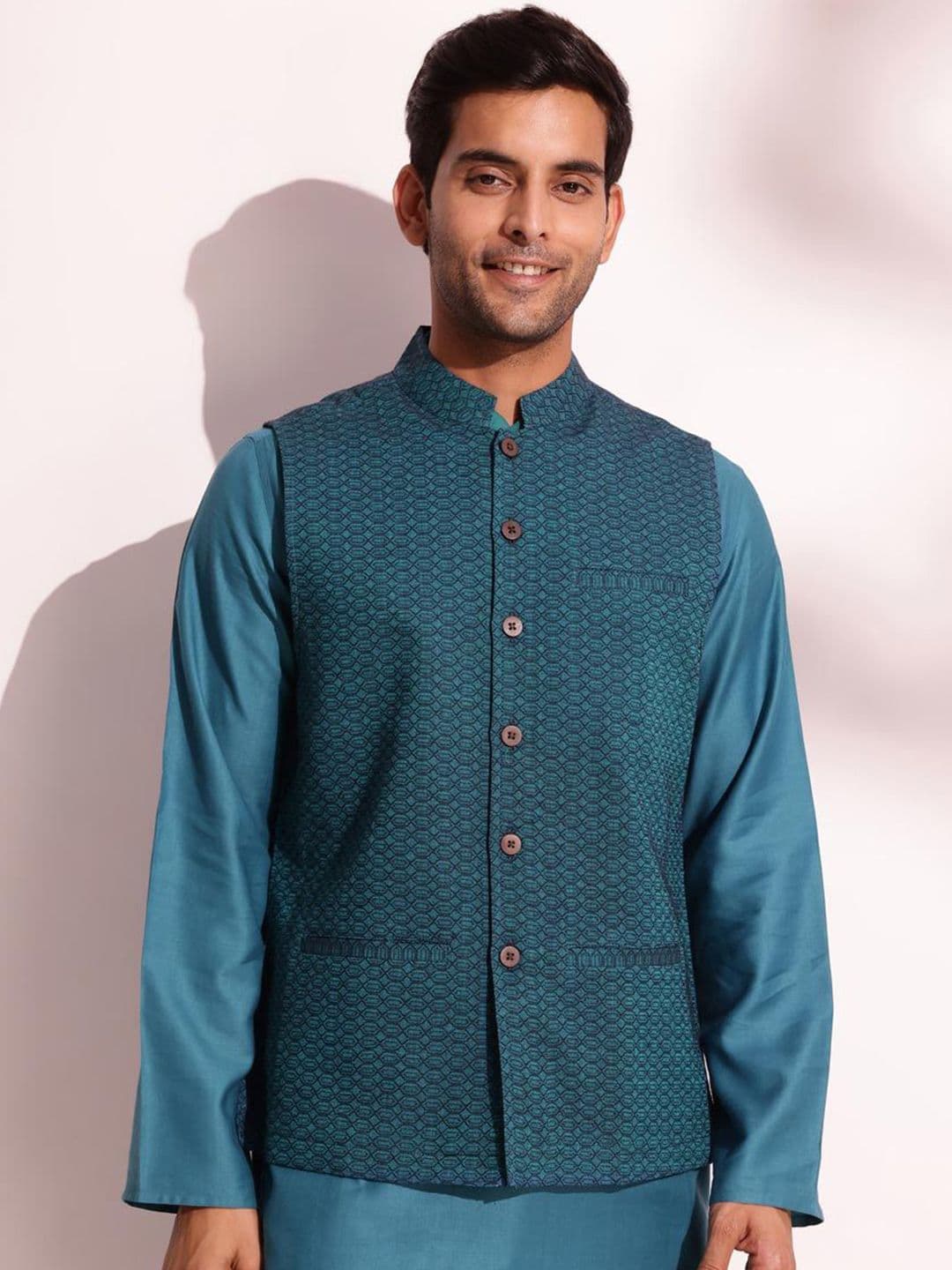 Fabindia Men Pure Cotton Woven Design Nehru Jackets - view 1
