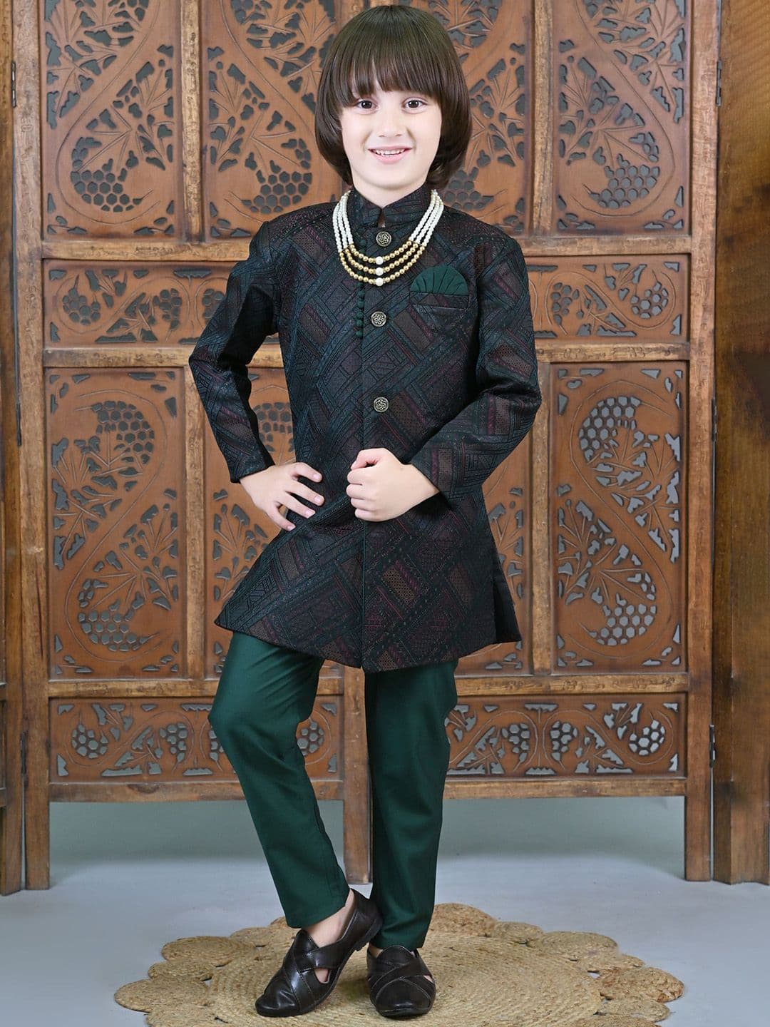 ahhaaaa Boys Self-Design Sherwani Set - view 1