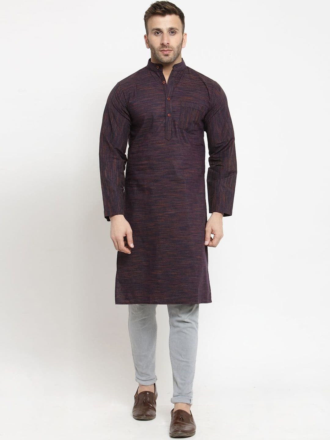 Enchanted Drapes Woven Design Band Collar Neck Long Sleeves Pure Cotton Kurta - view 1