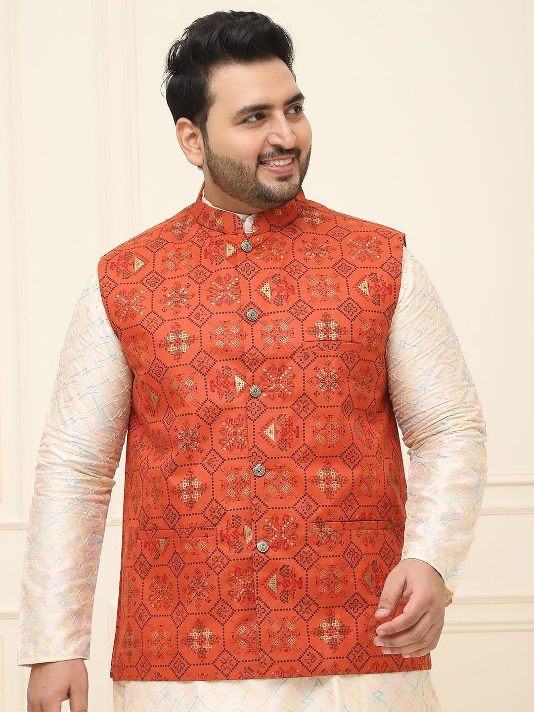 SOJANYA PLUS Men Plus Size Printed Mandarin Collar Nehru Jacket - view 1