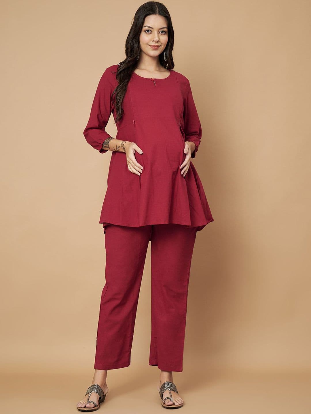 Vastralay Keyhole Neck Pure Cotton Maternity Tunic With Trousers - view 1