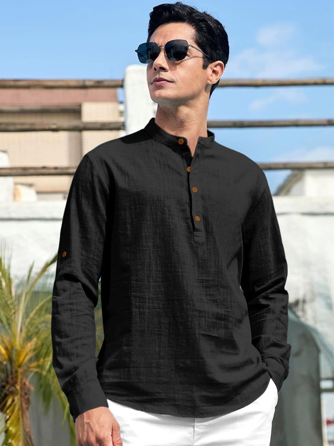 Zombom Mandarin Collar Roll-Up Sleeves Wrinkle Free Straight Short Kurta - view 1