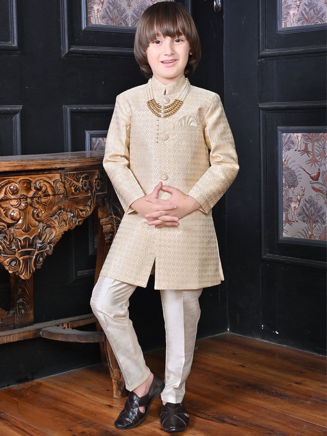 ahhaaaa Boys Self Design Embroidered Sherwani Set - view 1