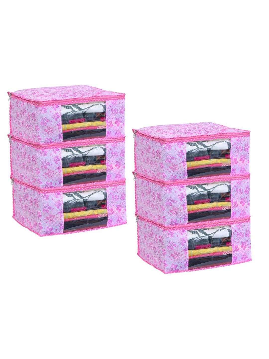 prettykrafts Pink & Purple 6 Pieces Printed Foldable Saree Organisers - view 1