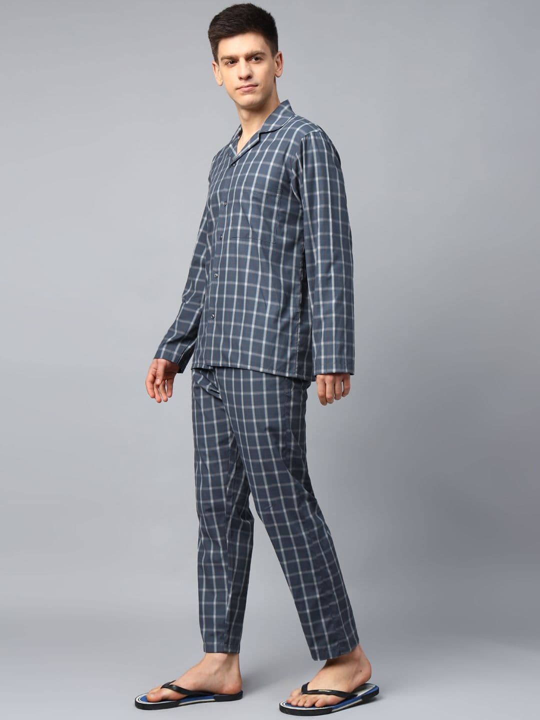 English Navy Men Wrinkle Resistant Checked Lapel Collar Night suit - view 1