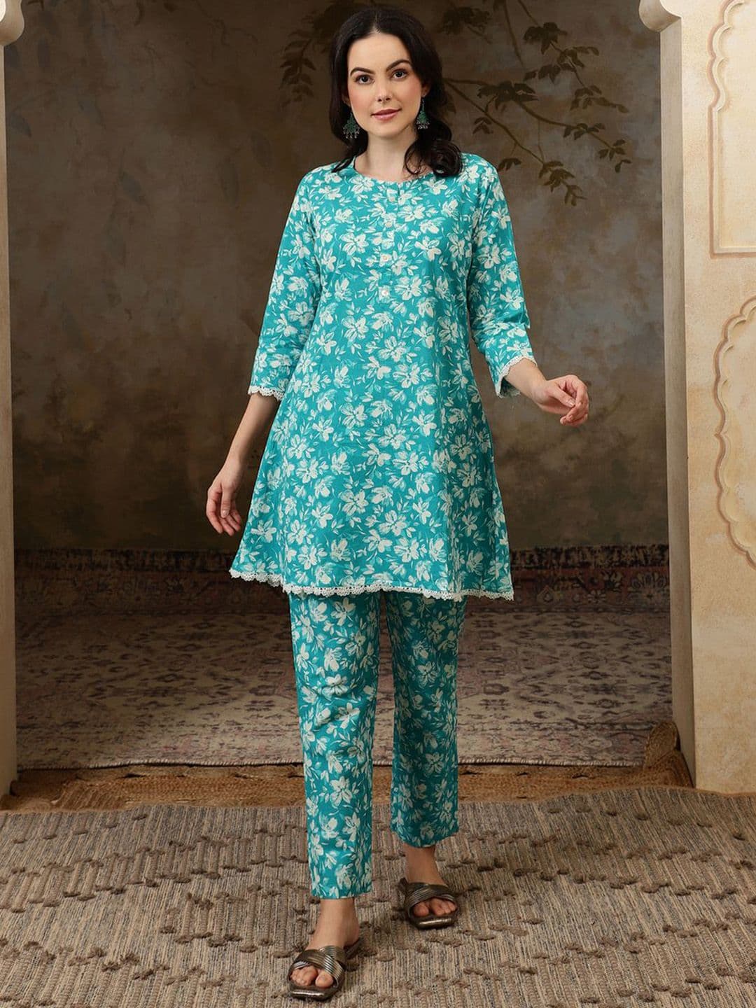 Sangria Women Printed Pure Cotton Tunic With Trousers Co-Ords - view 1