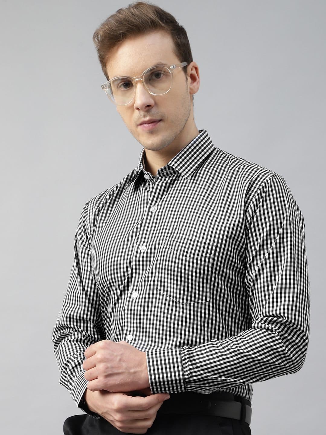 English Navy Men Slim Fit Monochrome Gingham Checked Formal Shirt - view 1