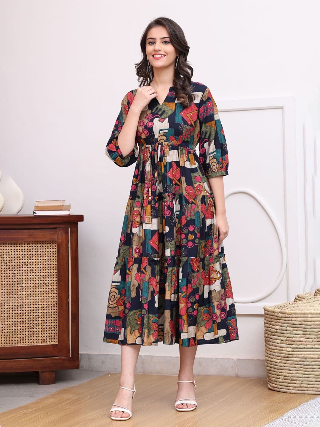 Claura Women Abstract Printed Mandarin Collar A-Line Dress - view 1