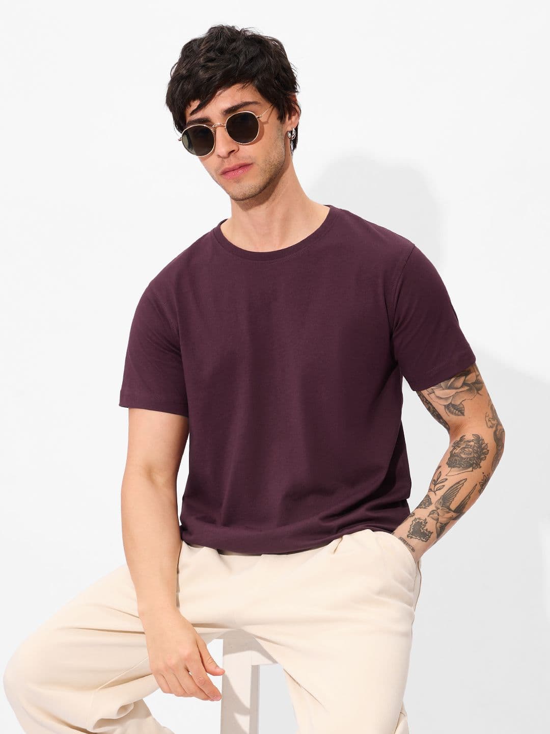 The Souled Store Men Solids: Plum Solid Red Regular Fit T-Shirts - view 1