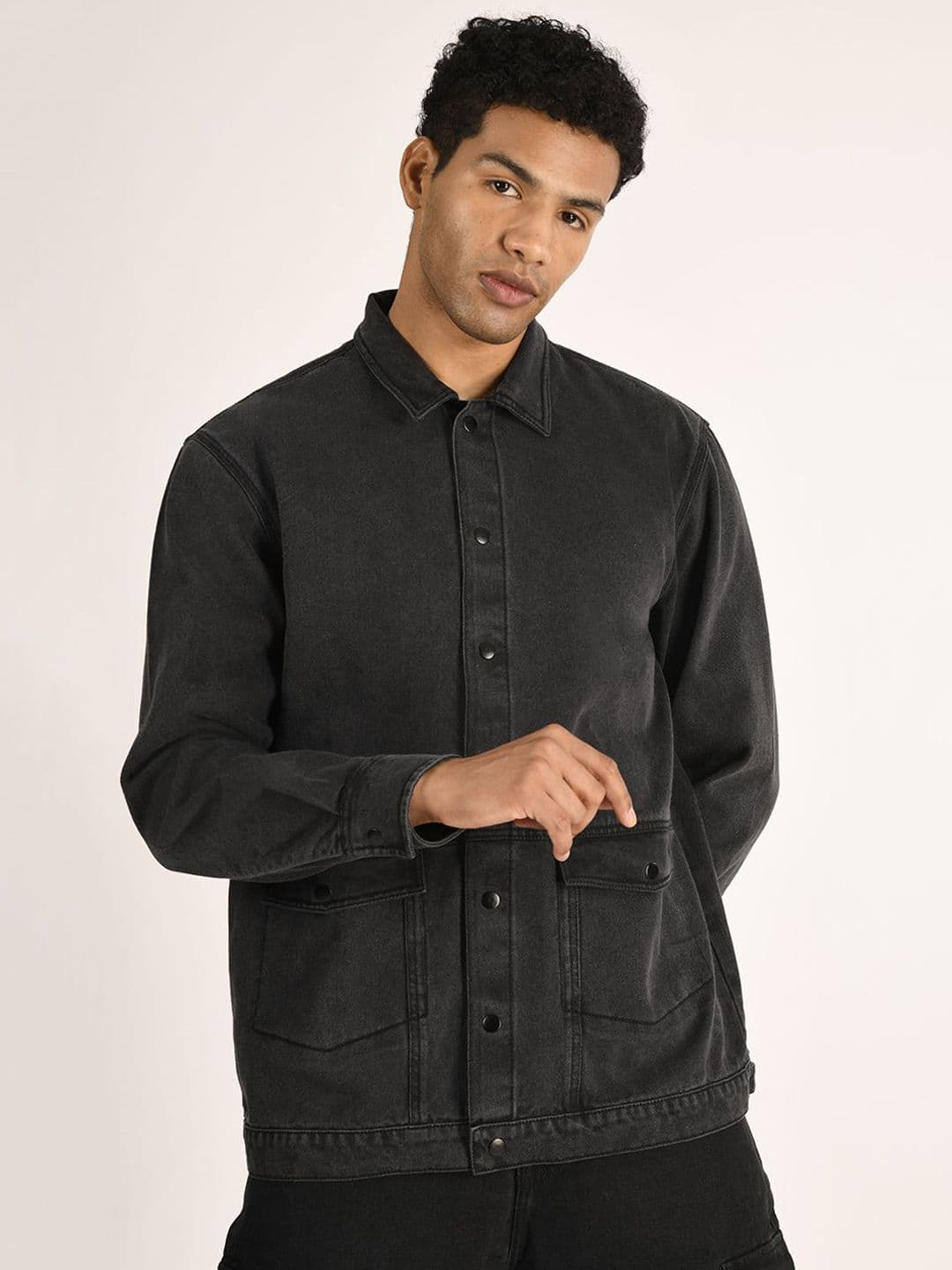 The Roadster Lifestyle Co. Charcoal Spread Collar Pure Cotton Relaxed-Fit Denim Jacket - view 1
