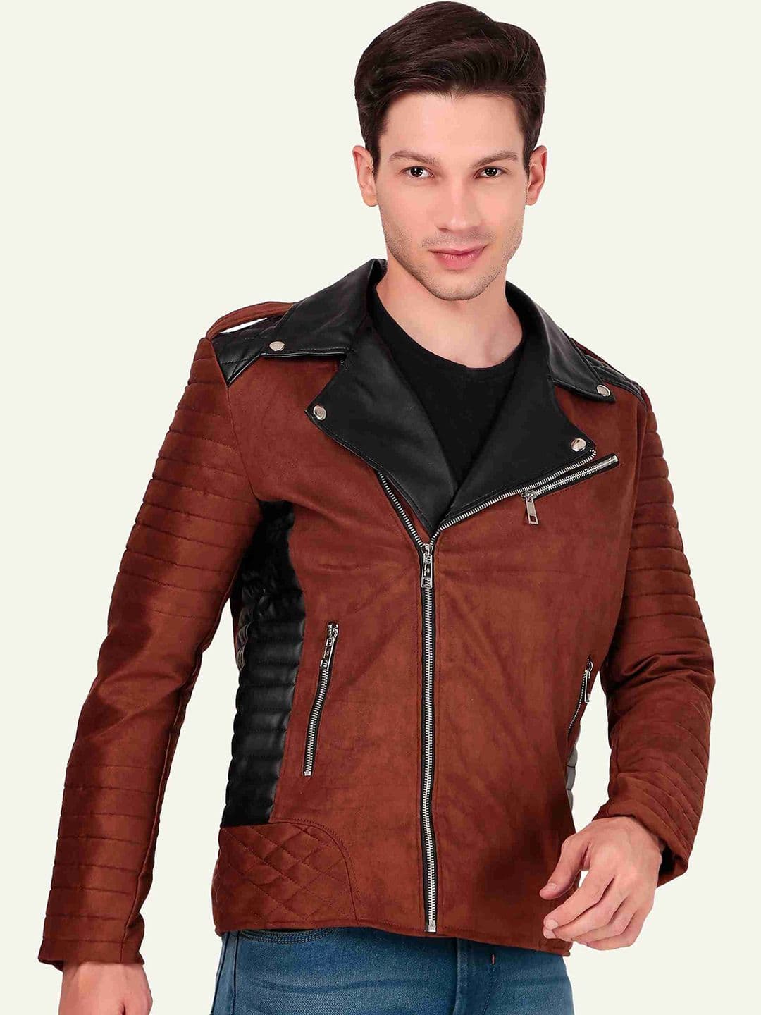 Leather Retail Men Solid Lapel Collar Suede Biker Jacket - view 1