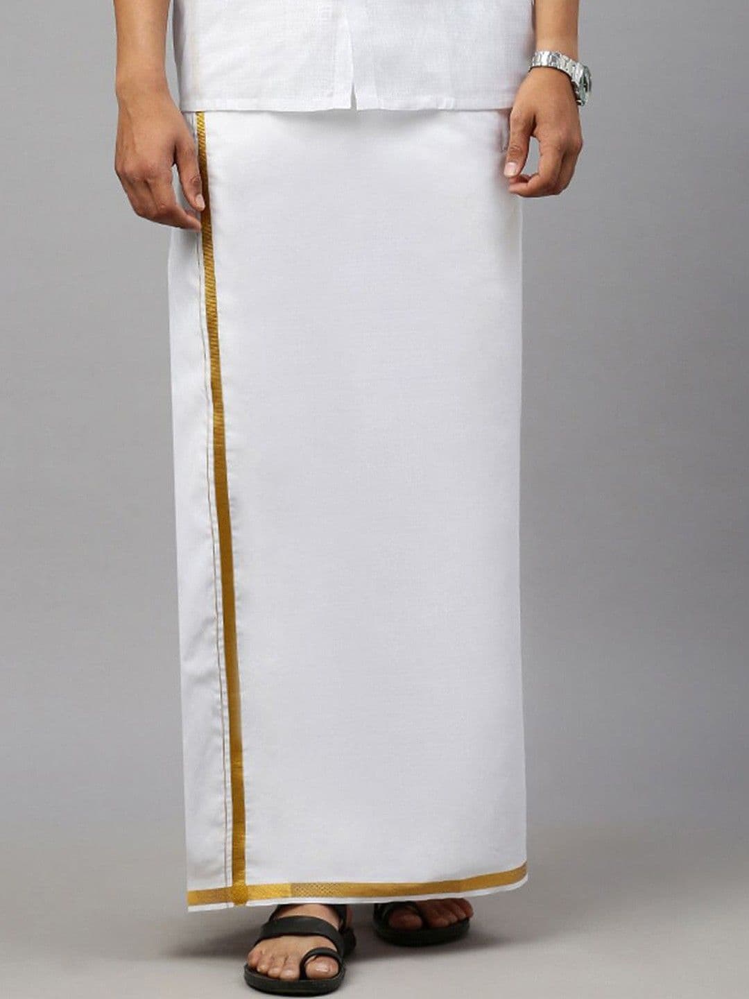 Ramraj Men White Solid Gold Zari Border Adjustable Dhoti with Pocket - view 1