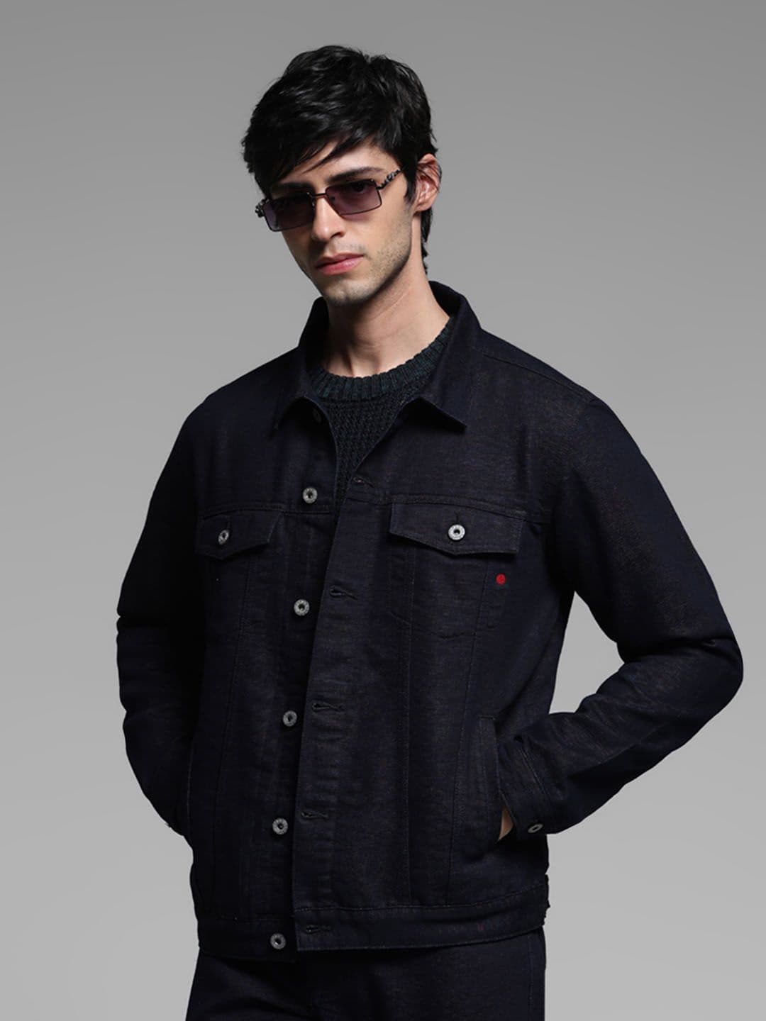 Jack & Jones Men Spread Collar Solid Cotton Casual Denim Jacket - view 1