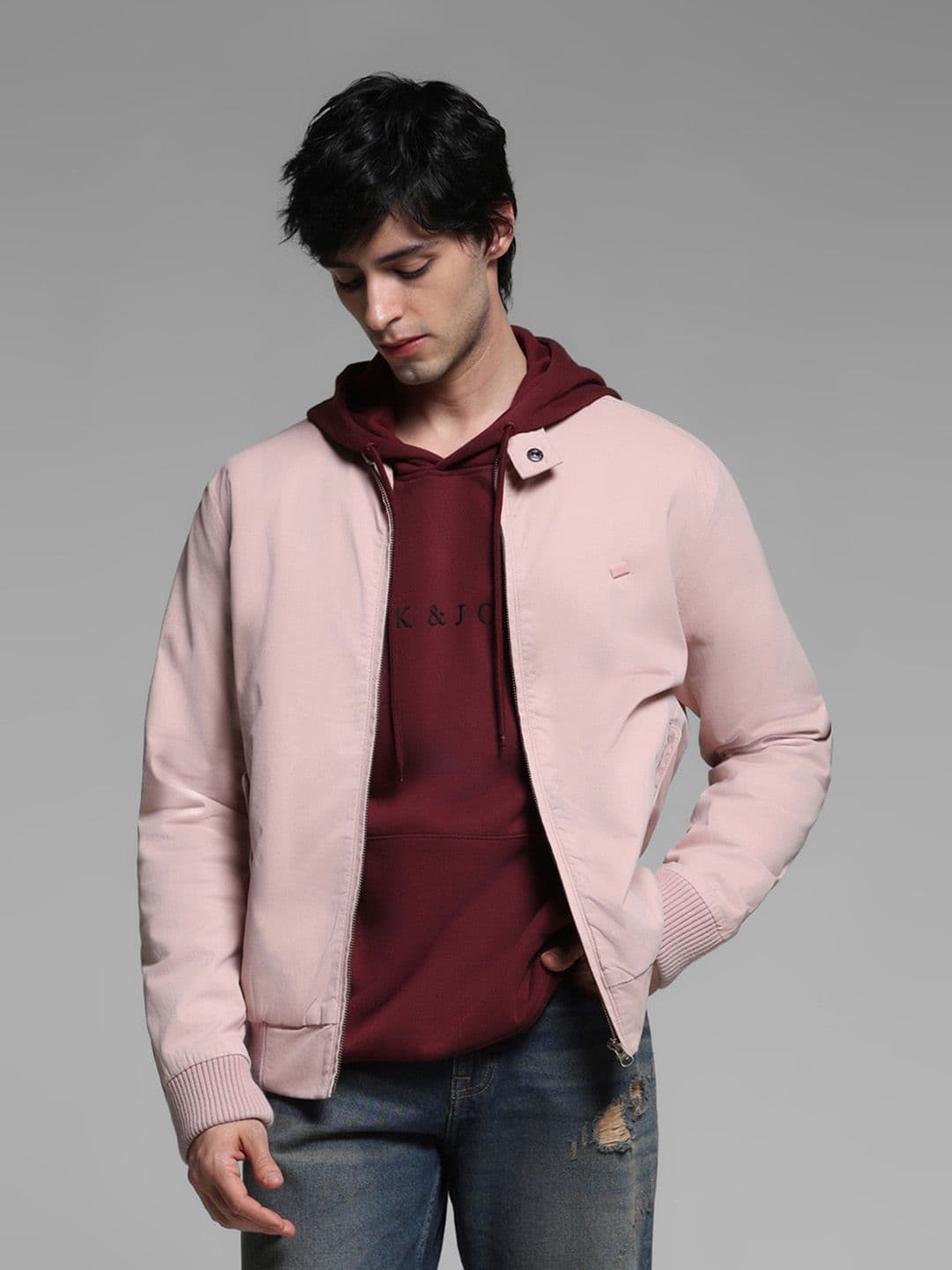 Jack & Jones Men Mock Collar Solid Cotton Casual Bomber Jacket - view 1