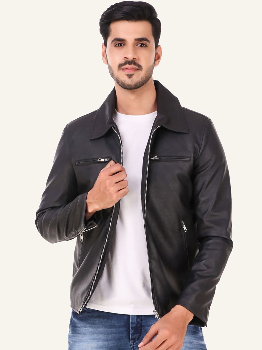 Leather Retail Men Spread Collar Solid PU Casual Biker Jacket - view 1