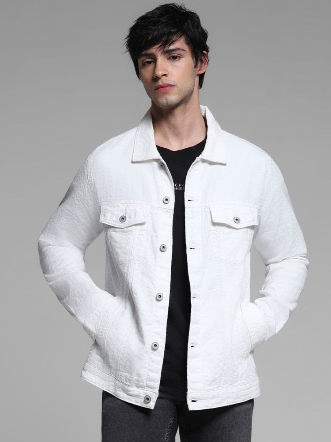 Jack & Jones Men Spread Collar Solid Cotton Casual Denim Jacket - view 1