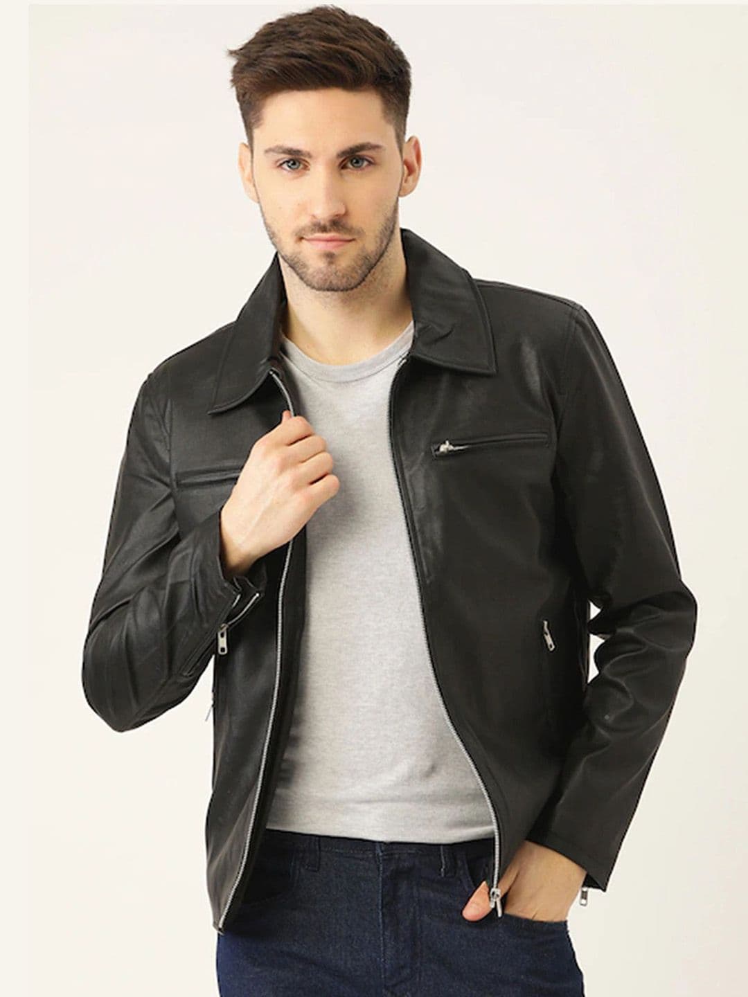 Leather Retail Men Spread Collar Solid PU Casual Biker Jacket - view 1