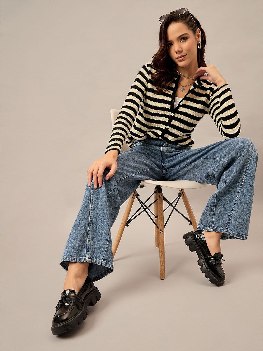The Roadster Lifestyle Co. Women Striped Henley Neck Cardigan Sweater - view 1
