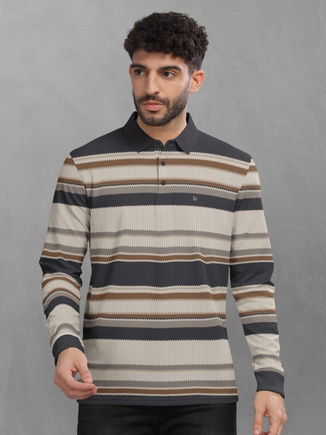 BULLMER Men Striped Polo Collar Cotton T-shirt - view 1