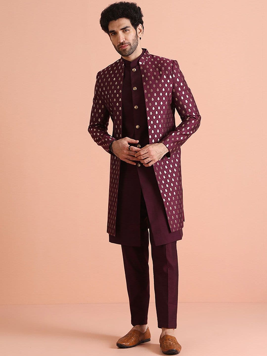 KISAH Men Jacquard Regular Fit Woven Design Jacket Sherwani Trouser Set - view 1