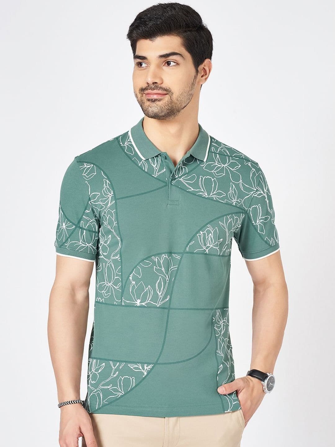BYFORD by Pantaloons Men Floral Printed Polo Collar Cotton Slim Fit T-shirt - view 1