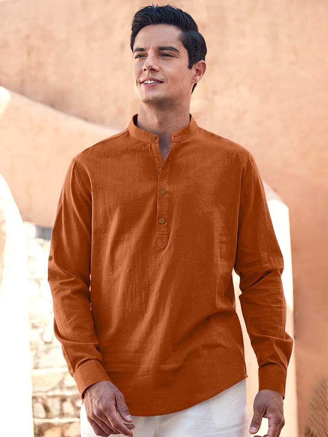 Zombom Mandarin Collar Roll-Up Sleeves Wrinkle Free Straight Short Kurta - view 1