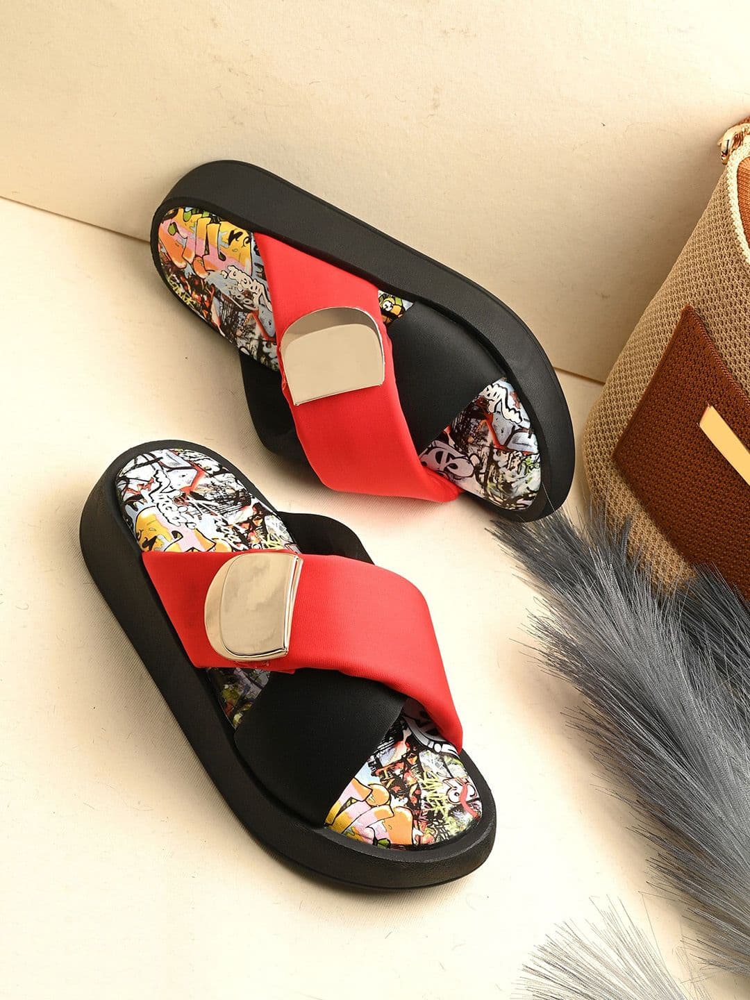 knoos Printed Colourblocked Flatform Heel Sandals - view 1