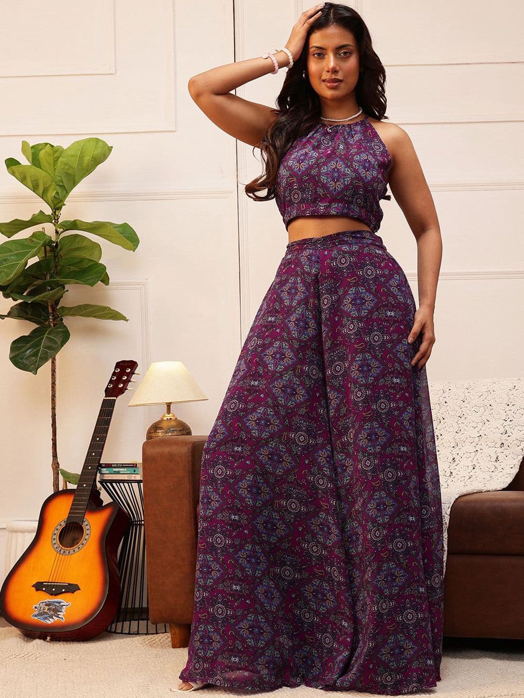 QUIERO Floral Printed Round Neck Top With Palazzo - view 1