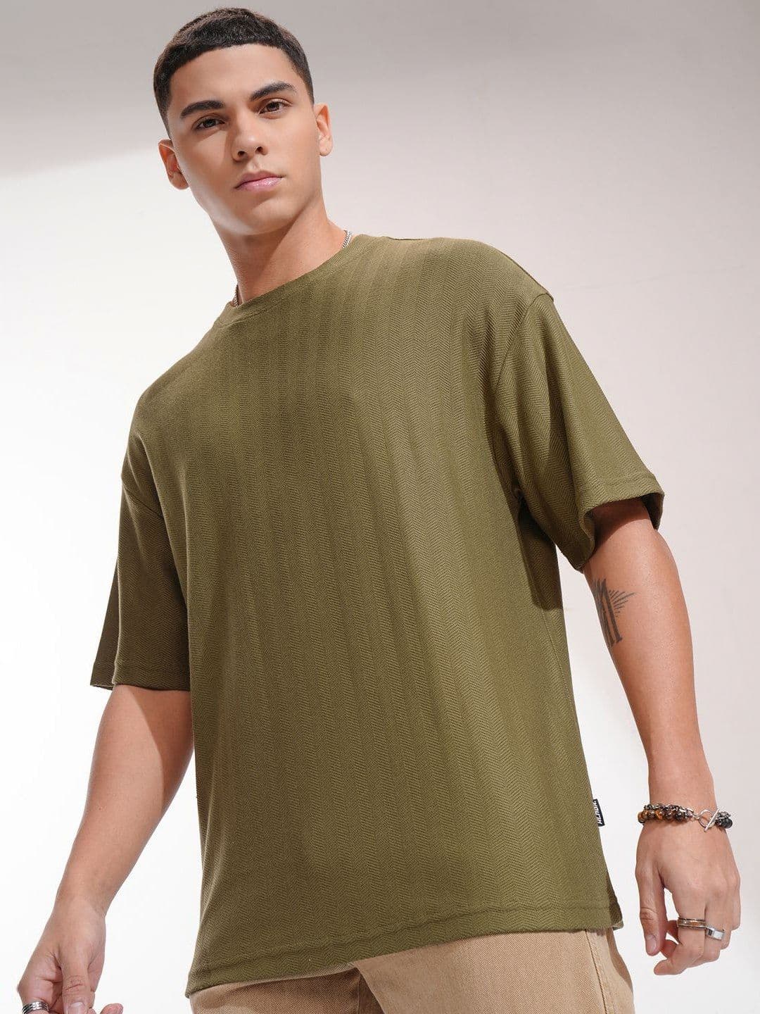 HIGHLANDER Men Self Design Round Neck Cotton Oversized T-shirt - view 1