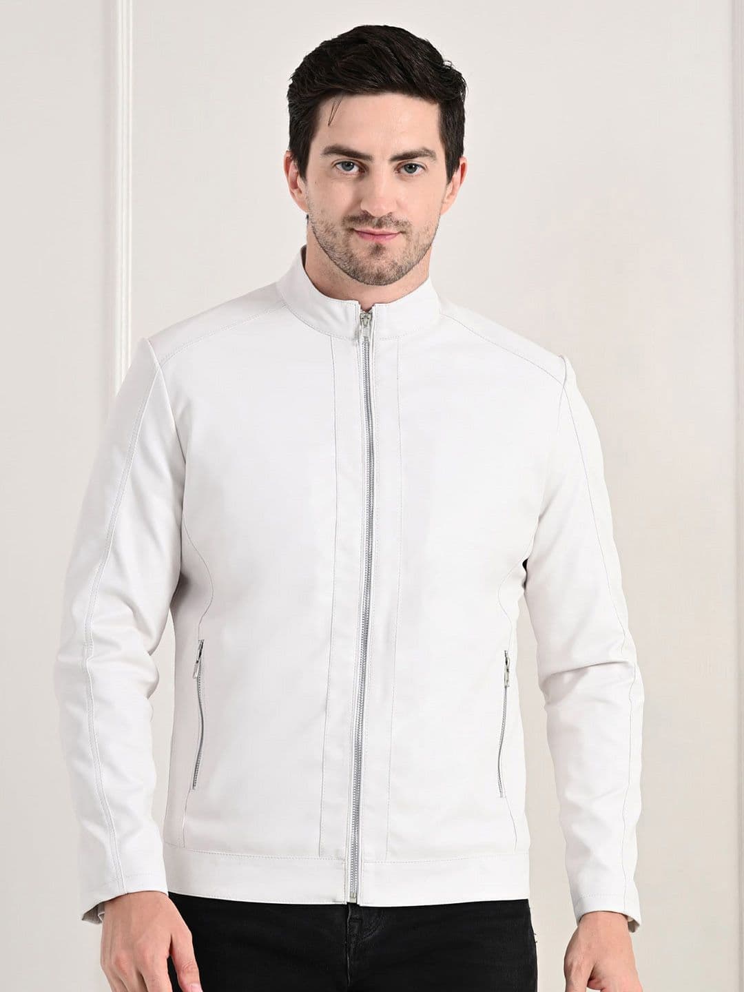 TBOJ Stand Collar Long Sleeves Classic Look Lightweight Leather Jacket - view 1