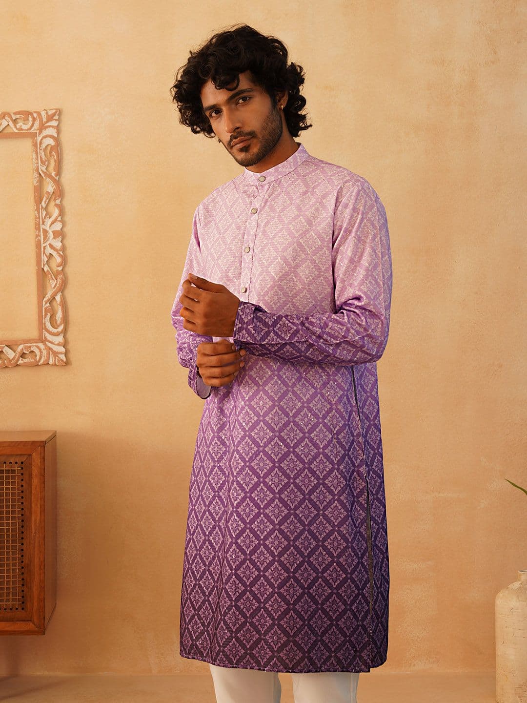 Jompers Band Collar Floral Printed Sequinned Straight Kurta - view 1