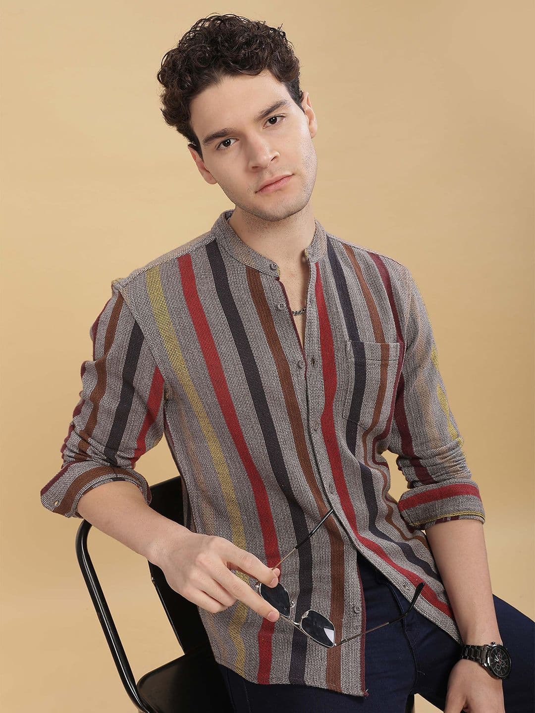 HERE&NOW Men Mandarin Collar Vertical Striped Cotton Regular Fit Casual Shirt - view 1