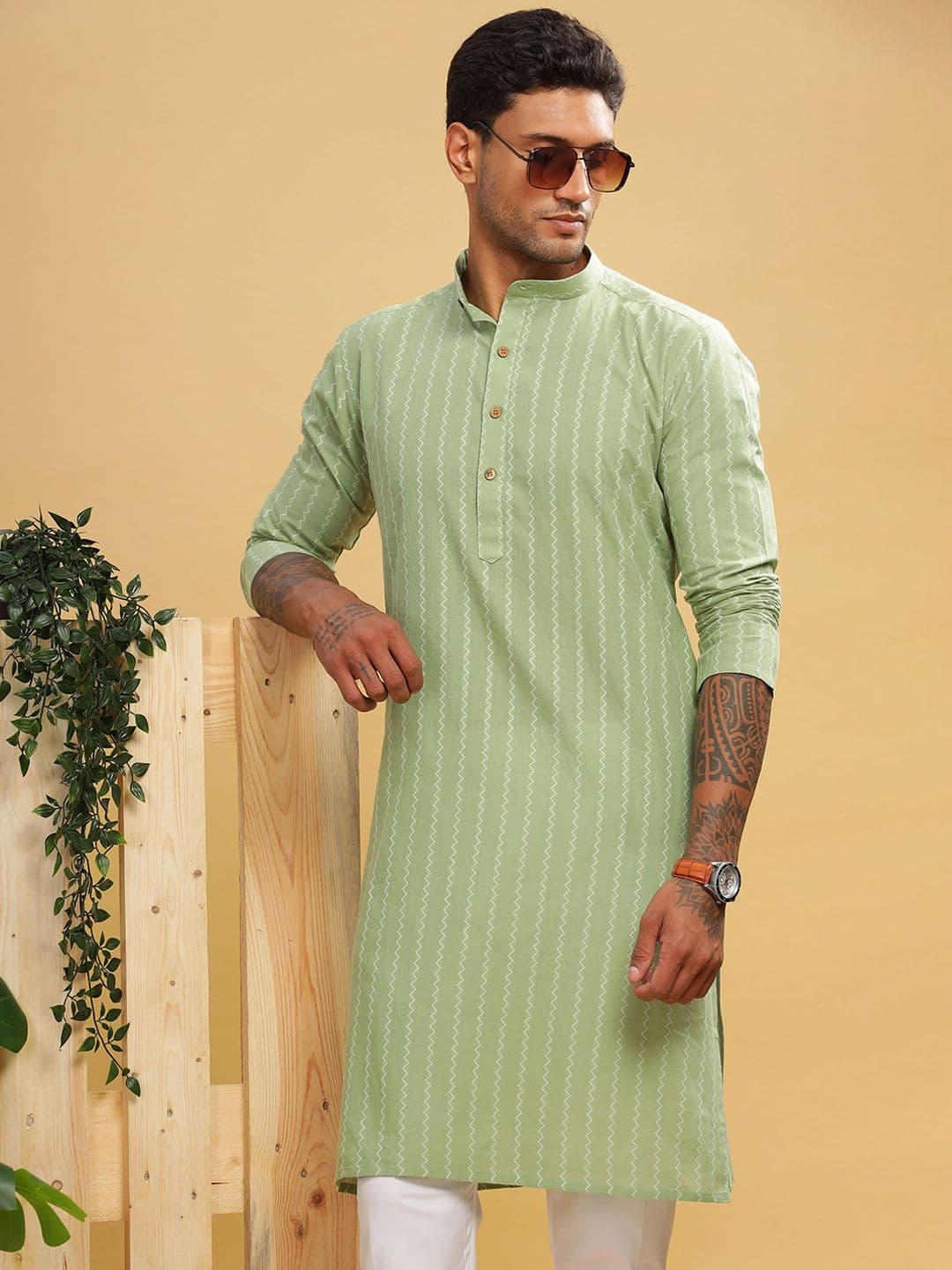 Anouk Green Striped Band Collar Cotton Straight Kurta - view 1