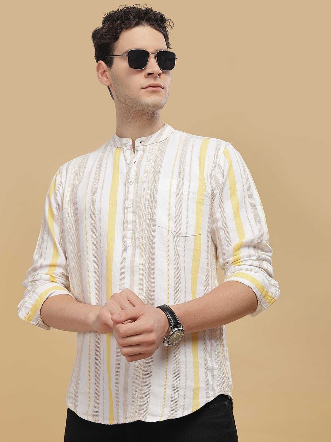HERE&NOW Striped Mandarin Collar Cotton Short Kurta - view 1