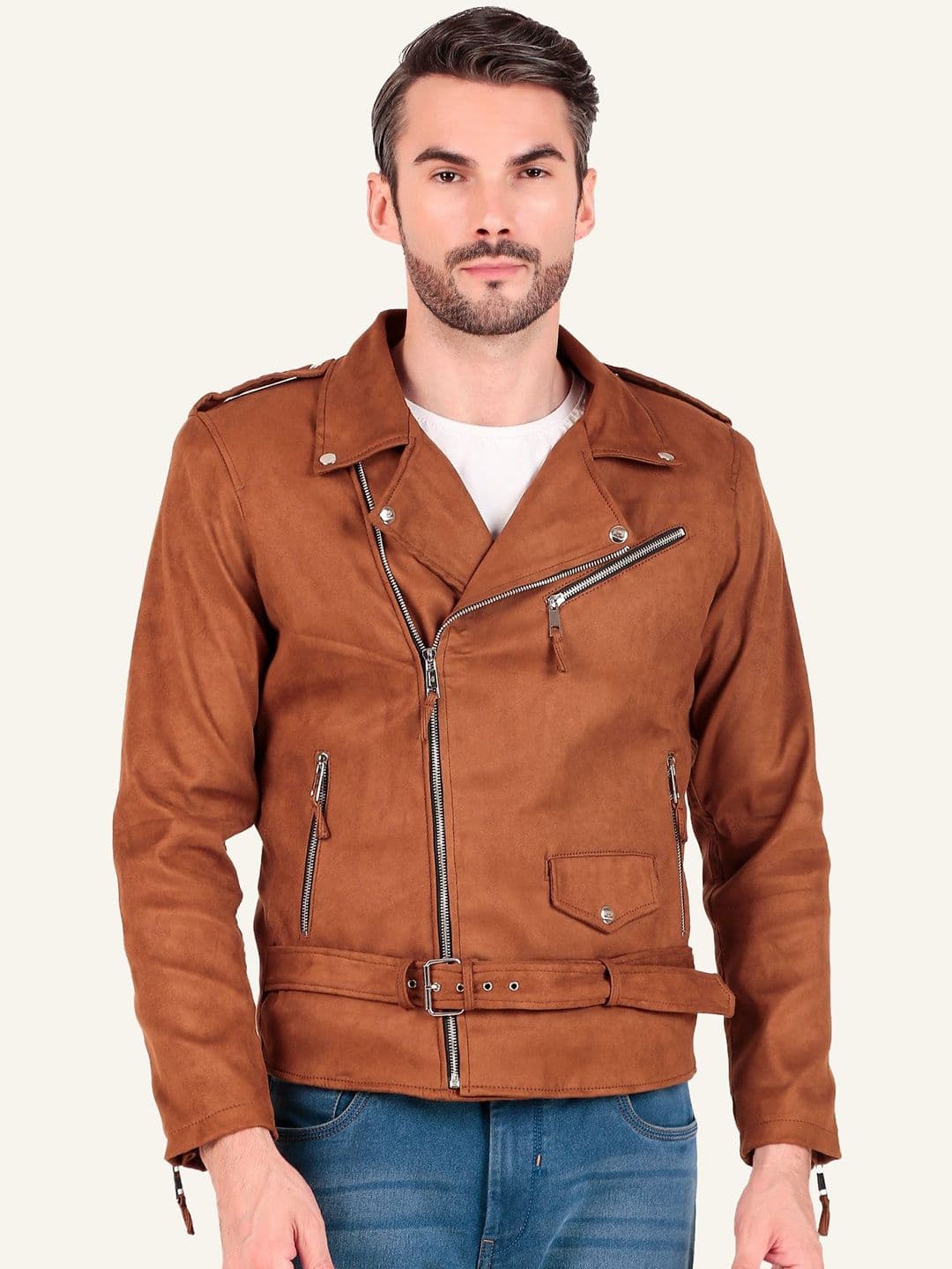 Leather Retail Men Solid Biker Jacket - view 1
