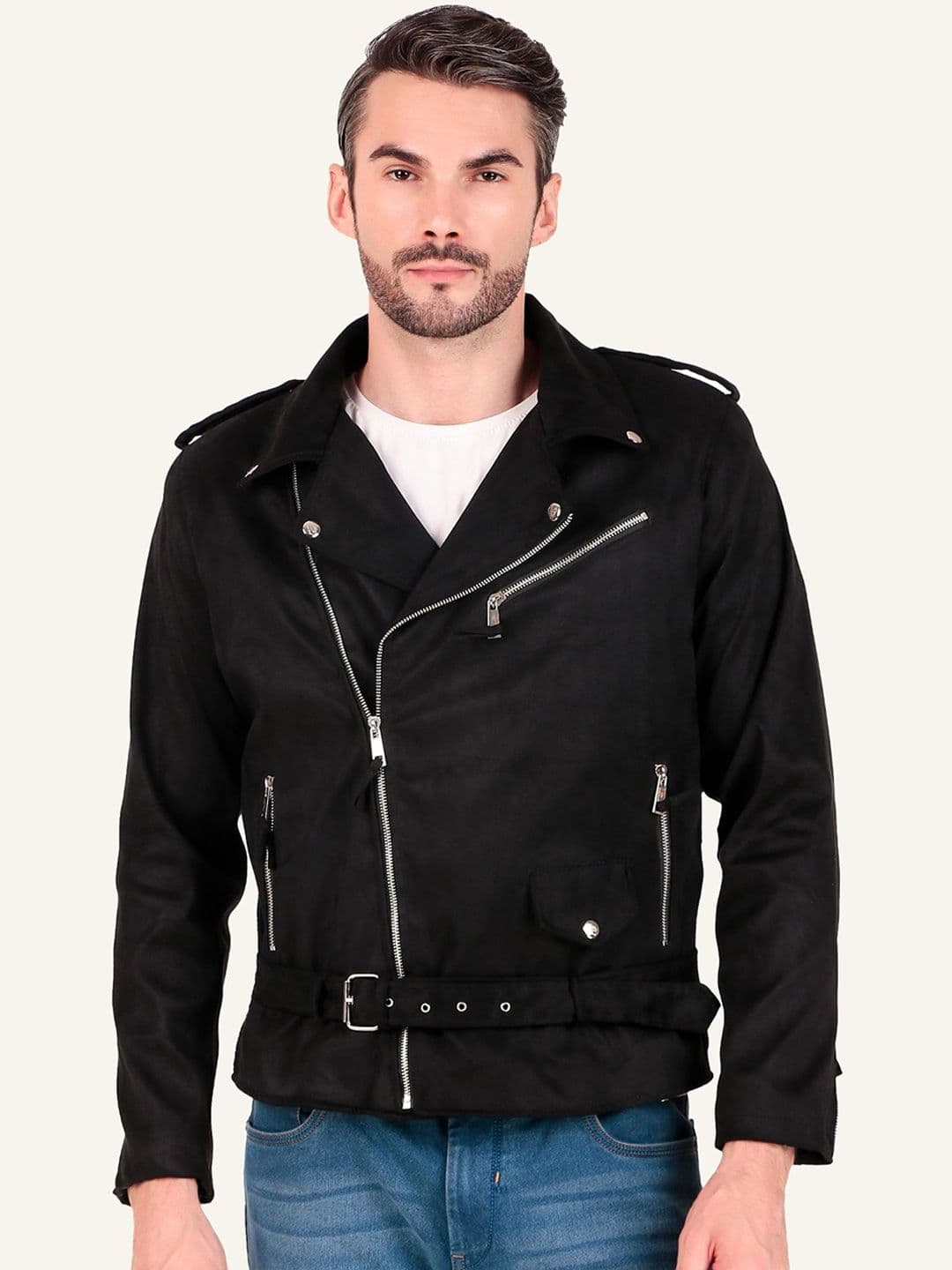 Leather Retail Men Solid Biker Jacket - view 1