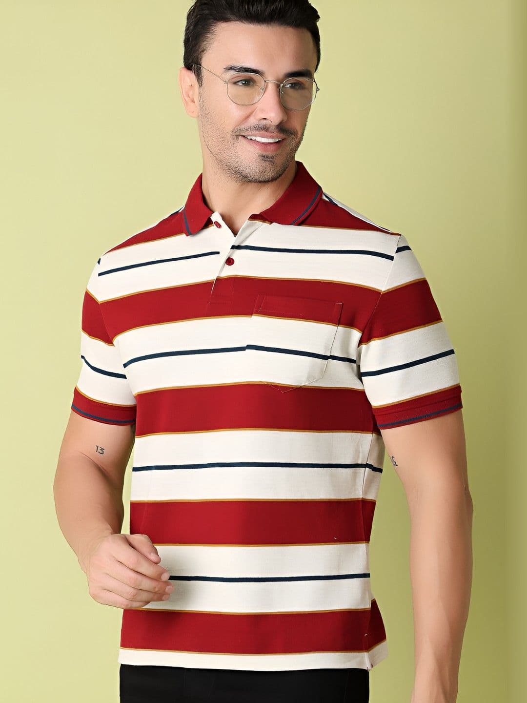 V-Mart Men Striped Polo Collar Cotton T-shirt - view 1